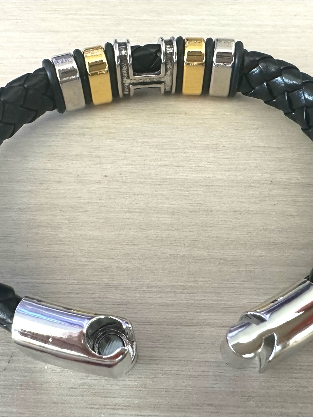 Men's Black Braided Leather Bracelet with Gold & Silver Accent Beads